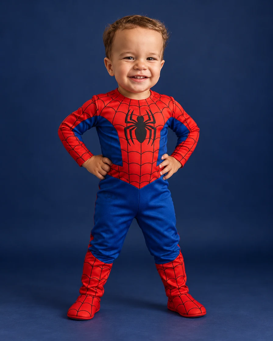 Retrato criado a partir das fotos do Victor: ele em pé, com as mãos na cintura e a fantasia de Spidey.