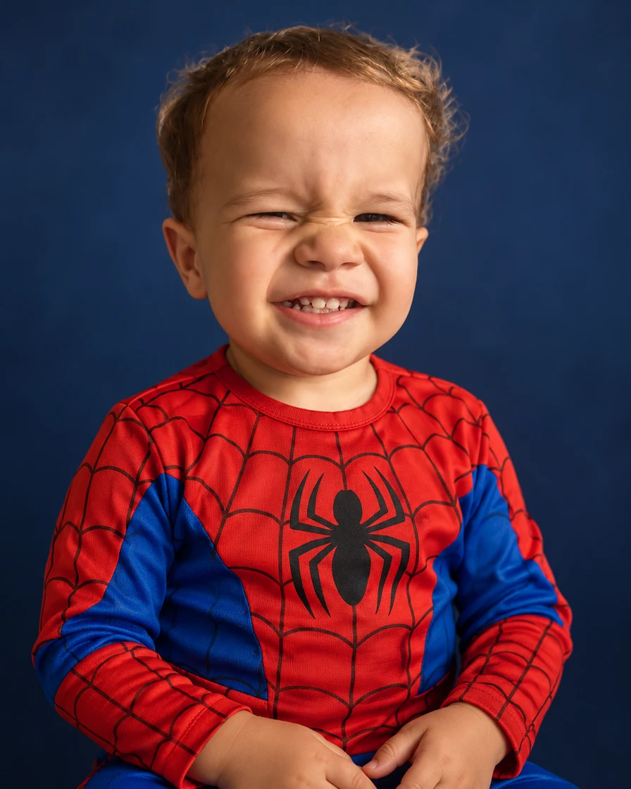 Retrato criado a partir das fotos do Victor: ele sorrindo, com o rosto visível e a fantasia vermelha e azul de Spidey.