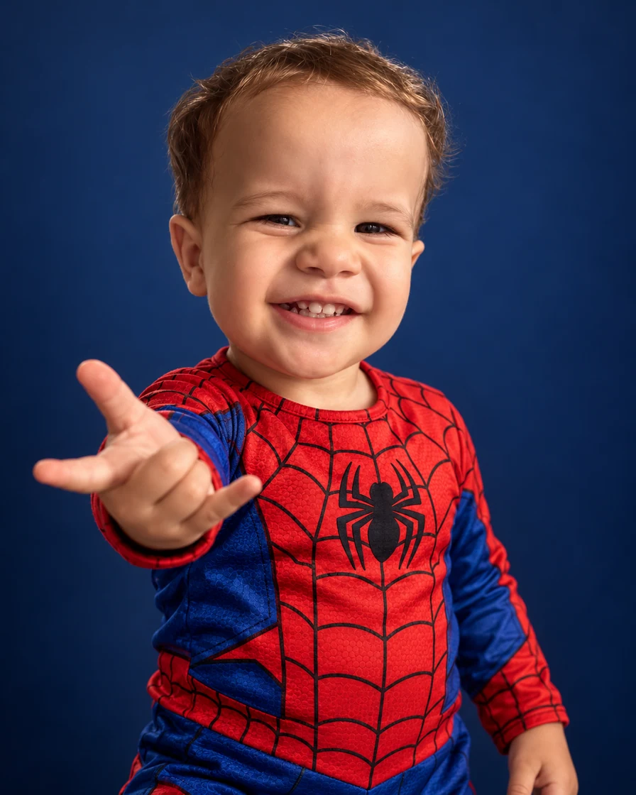 Retrato criado a partir das fotos do Victor: ele fantasiado de Spidey, brincando de lançar teia com a mão.